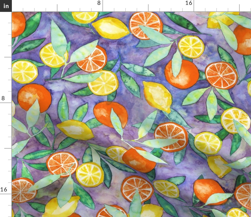 Lemons and oranges watercolor on purple