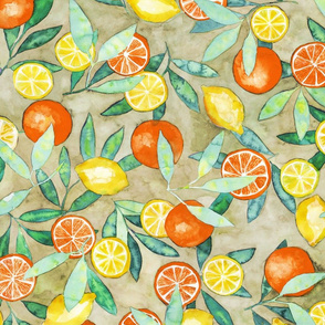 Lemons and oranges watercolor on light olive green