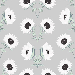 Elegant Symmetrical Sunflower Composition on Gray seamless pattern. 