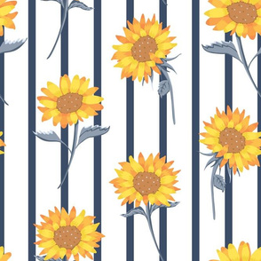 Beautiful Sunflowers on Stripes seamless pattern background. 