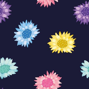 Energetic Vibrant Rainbow Sunflowers on Navy Blue seamless pattern