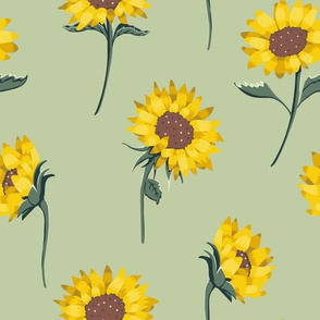 Sunflowers in Natural Colors on Soft Pastel Green seamless pattern