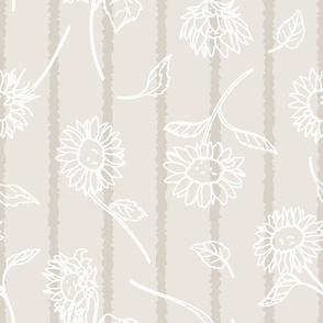 Sunflower Lineart on Loose Stripes seamless pattern background. 