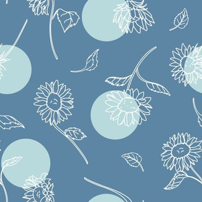  White Sunflower Lineart with Blue Circles seamless pattern