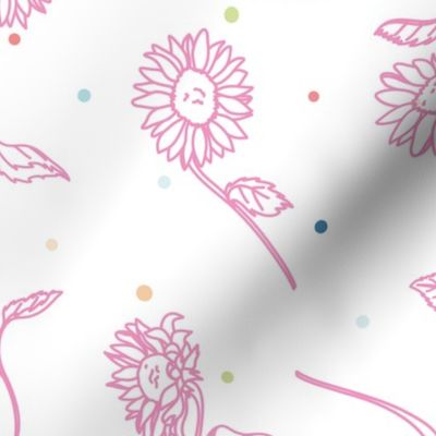 Pink Sunflower Lineart with Colorful Confetti seamless pattern