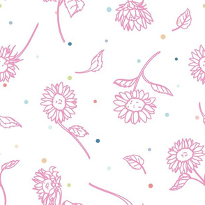 Pink Sunflower Lineart with Colorful Confetti seamless pattern