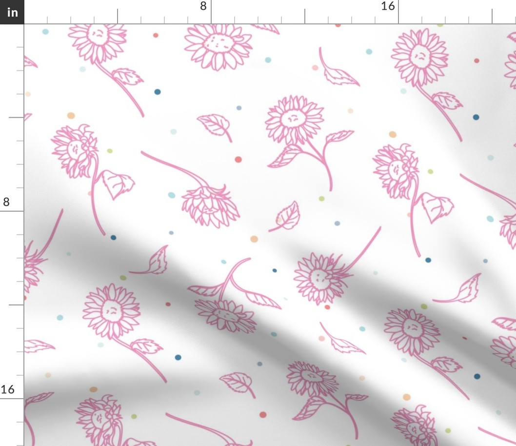 Pink Sunflower Lineart with Colorful Confetti seamless pattern