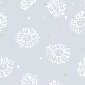 White Lineart Sunflower with Natural Colored Confetti on Soft Gray seamless pattern