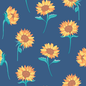 Warm Colored Sunflowers on Blue seamless pattern