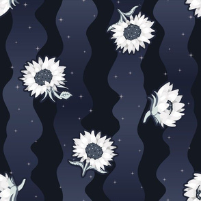 Abstract Sunflowers on Loose Space Themed Stripes seamless pattern 