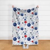 Large jumbo scale // Intergalactic dreams coordinate // white background vivid red denim pastel oxford and classic blue planets and stars