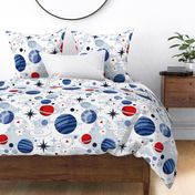 Large jumbo scale // Intergalactic dreams coordinate // white background vivid red denim pastel oxford and classic blue planets and stars