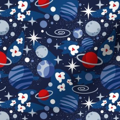 Small scale // Intergalactic dreams coordinate // oxford blue background vivid red denim pastel and classic blue planets and stars