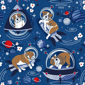 Normal scale // Intergalactic doggie dreams // classic blue background white and bronze English Bulldogs vivid red denim and pastel blue planets and space ships 