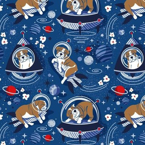 Small scale // Intergalactic doggie dreams // classic blue background white and bronze English Bulldogs vivid red denim and pastel blue planets and space ships 