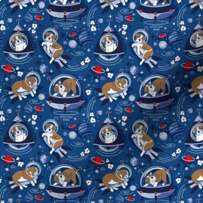 Tiny scale // Intergalactic doggie dreams // classic blue background white and bronze English Bulldogs vivid red denim and pastel blue planets and space ships 