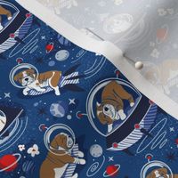 Tiny scale // Intergalactic doggie dreams // classic blue background white and bronze English Bulldogs vivid red denim and pastel blue planets and space ships 