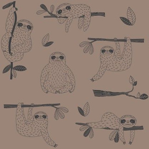 Cute Sloths - handdrawn sloth in tree branches funny animal design brown  jungle theme