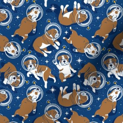 Small scale // Sleepy astronaut // classic blue background white and bronze English Bulldogs goldenrod yellow antennas