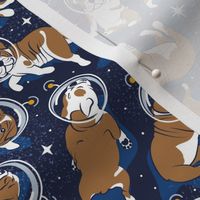 Small scale // Sleepy astronaut // oxford blue background white and bronze English Bulldogs goldenrod yellow antennas