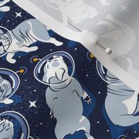 Small scale // Sleepy astronaut // oxford blue background white and grey blue English Bulldogs goldenrod yellow antennas