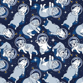 Small scale // Sleepy astronaut // oxford blue background white and grey blue English Bulldogs goldenrod yellow antennas