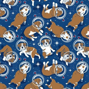 Small scale // Sleepy astronaut // classic blue background white and bronze English Bulldogs vivid red antennas
