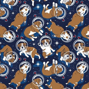 Small scale // Sleepy astronaut // oxford blue background white and bronze English Bulldogs vivid red antennas