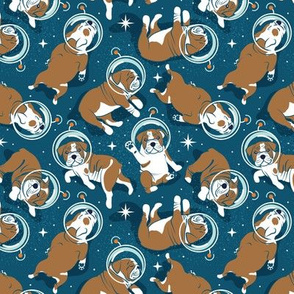 Small scale // Sleepy astronaut // blue lagoon background white and bronze English Bulldogs tahiti orange antennas