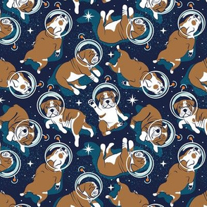 Small scale // Sleepy astronaut // oxford blue background white and bronze English Bulldogs tahiti orange antennas