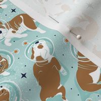 Small scale // Sleepy astronaut // aqua background white and bronze English Bulldogs tahiti orange antennas