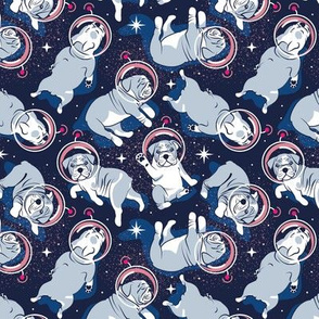 Small scale // Sleepy astronaut // oxford blue background white and grey blue English Bulldogs fuchsia pink antennas