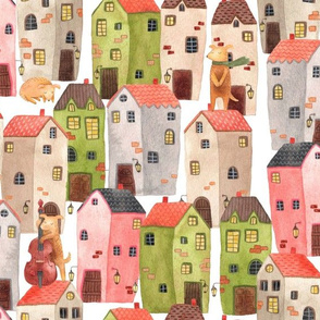 Hand-drawn Town Houses Dogs Big Pattern