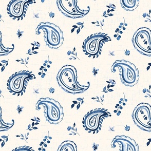 large // delicate blue watercolour paisley botanical