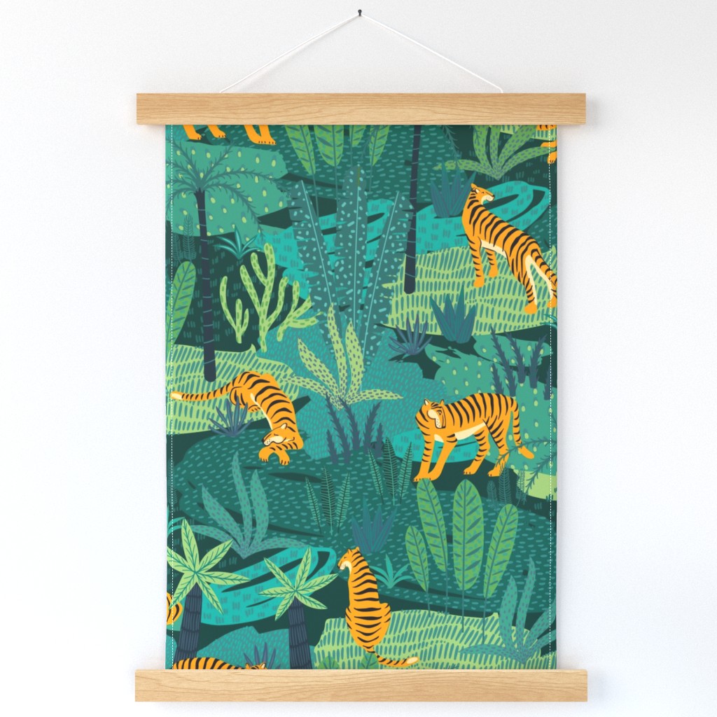 Large Scale Wild Tiger Cats Tropical Jungle Safari Orange Black Stripes Green Teal Turquoise Forest