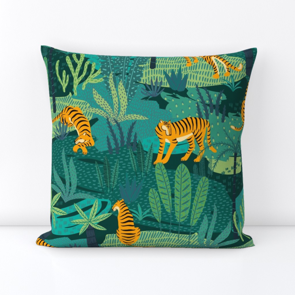 Large Scale Wild Tiger Cats Tropical Jungle Safari Orange Black Stripes Green Teal Turquoise Forest