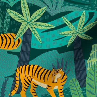 Large Scale Wild Tiger Cats Tropical Jungle Safari Orange Black Stripes Green Teal Turquoise Forest
