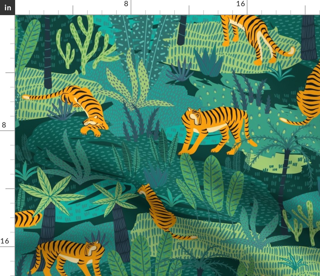 Large Scale Wild Tiger Cats Tropical Jungle Safari Orange Black Stripes Green Teal Turquoise Forest