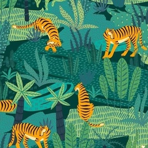 Medium Scale Wild Tiger Cats Tropical Jungle Safari Orange Black Stripes Green Teal Turquoise Forest