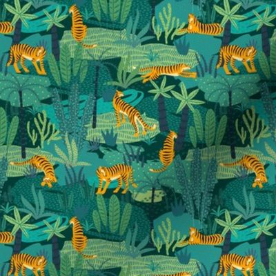Small Scale Wild Tiger Cats Tropical Jungle Safari Orange Black Stripes Green Teal Turquoise Forest