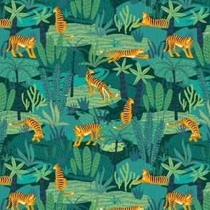 Small Scale Wild Tiger Cats Tropical Jungle Safari Orange Black Stripes Green Teal Turquoise Forest