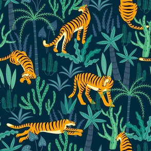 Large Scale Striped Tigers Wild Big Cats Tropical Safari Green Rainforest Cactus Palm Trees Jungle