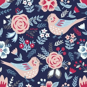 Pink birds with summer flowers 