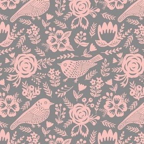 pink songbirds and plants on gray 