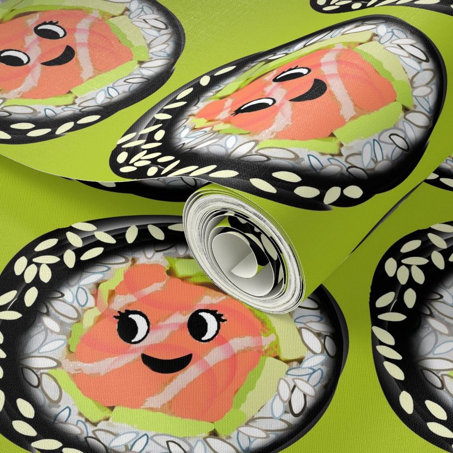 happy cute sushi roll on green // salmon avocado maki Kawaii 