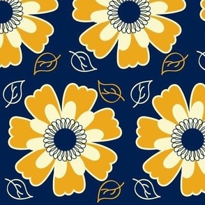 $ Cottage garden- Big Blue and Yellow stylised floral - large scale, wallpaper, home decor and kids apparel 