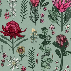 Australian Flora Woodcut Style - Coloured Large