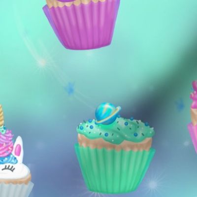 Galaxy Unicorn Cupcakes on Seafoam Green and Blue