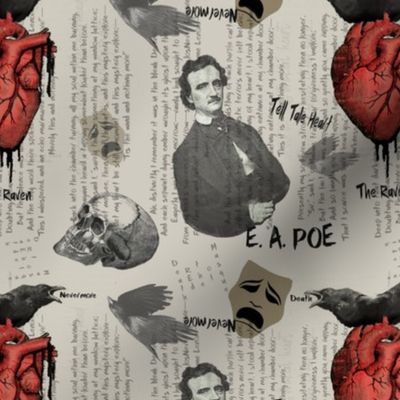 Cream Macabre Love Heart and Crow with Edgar Allen Poe Skull Toss 