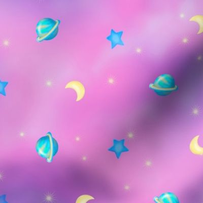Pink Galaxy, Planets, Stars, Moon, Outer Space, Rainbow